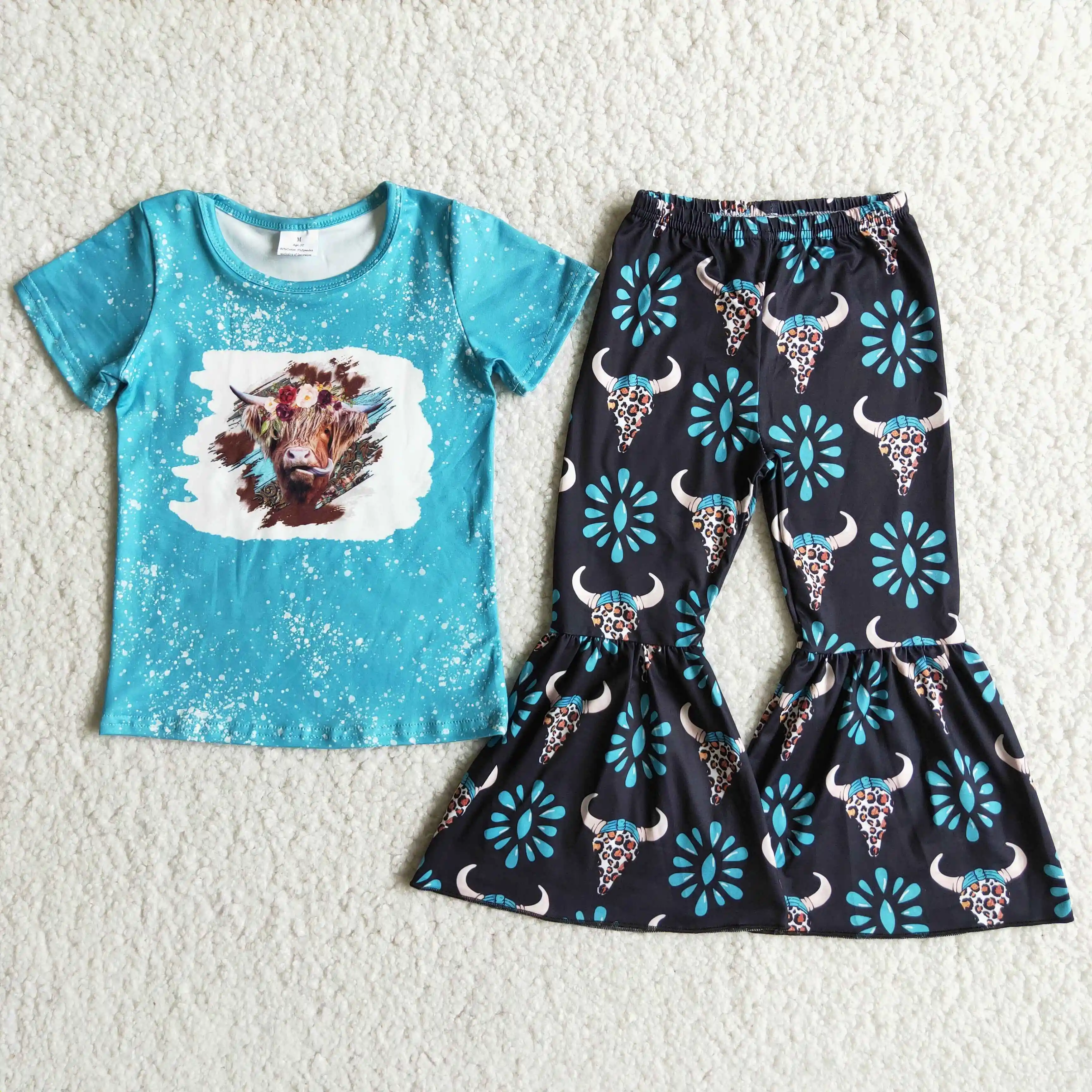 Spring/fall baby girl clothes cow print blue short top bell bottom outfit toddler western boutique plus size teen clothing