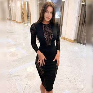 New Sexy Hollow Out Women Black Dainty paillettes impreziosito Sheer Mesh Vestidos Sexy bende di pizzo <span class=keywords><strong>abito</strong></span> <span class=keywords><strong>manica</strong></span> <span class=keywords><strong>lunga</strong></span> - Product Image 1
