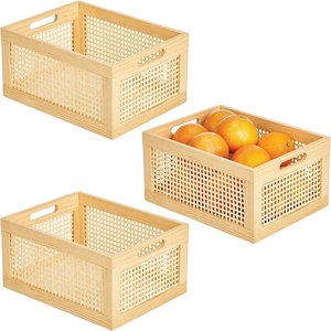Hallerbos custom vintage rattan storage basket table top solid wood storage basket hand-woven storage and organizing wooden box