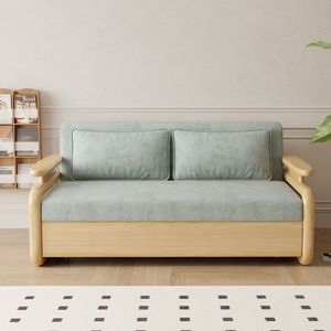 Natural <b>Wood</b> <b>Sofa</b> Bed Solid Color Cotton Linen <b>Frame</b> Structure Foldable Extendable Pull Out For Small Apartments Living Room - Product Image 3