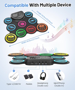 Batería Electrónica de 9 Piezas con Pad de Práctica, Conector para Auriculares, Diseño Enrollable y Plegable, Altavoz Integrado, Carga USB, Pedales y Baquetas - Product Image 3