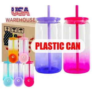 Ready To Ship 16oz Ombre Colored Plastic Beer Can Reusable Acrylic Cups With Lids And Straws