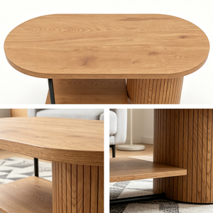 Mesa Auxiliar con Elegante Marco Metálico, Tapa Ovalada de Madera y Base Cilíndrica con Listones para Decoración de Sala de Estar, Diseño Urbano Minimalista - Product Image 3