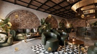 Konsep Interior Bar Industrial, Desain Counter Bar Komersial Metalik, Sofa Kulit Vintage untuk Lounge, Desain Bar Klasik