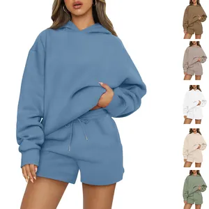 Manufacturers Womens Outfits Oversized Sets 2 Piece Sweat Shorts Blank Sweat Shirt Sweatshirt Pullover Hoodies Sets For Woman