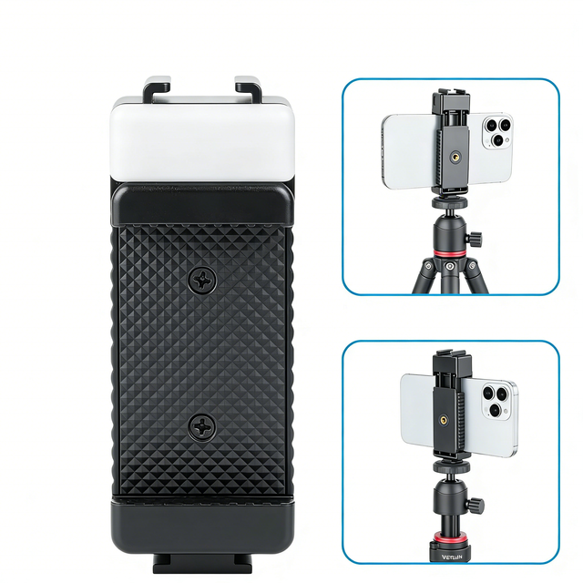 PM2-L Cell Phone Holder Clamp Phone Tripod Mount Cold Shoe Mount PM2-L Bracket Clip with LED Light for Monopod Selfie Stick