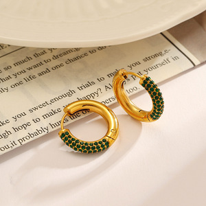 Hoop <b>Earrings</b> Gold Plated <b>Green</b> Diamond Channel Setting Stainless Steel Party Jewelry - Product Image 2