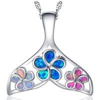 Collier pendentif queue de dauphin en argent sterling 925 personnalisé avec opale et fleur de frangipanier hawaïenne, fabriqué à Guangzhou