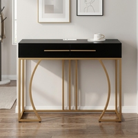 Table console de luxe contemporaine en MDF avec plateau en bois, étagère de rangement et pieds en métal doré thermolaqué pour salon et appartement (vente en gros)