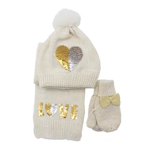 Soft Warm Knitted Custom Beige Kids Hat Scarf Gloves Set Scarf And Hat Combo Hat And Scarf Set Winter For Girl