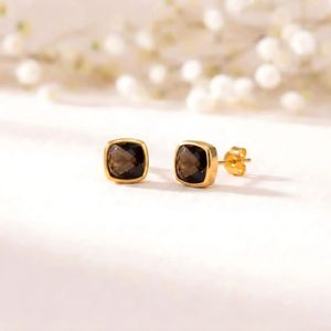 Classic Smoky Quartz Cushion Cut <b>Stud</b> Earrings Featuring Natural Faceted Brown Gemstone In 925 <b>Sterling</b> <b>Silver</b> Or 18K Gold - Product Image 1