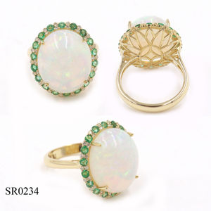 Anillo de oro de 14 quilates con ópalo (ovalado) de 9.86 CT, esmeralda (redonda) de 0.56 CT y diamante blanco (redondo) de 0.18 CT, anillo con piedra preciosa de ópalo, anillos de oro de 14K. - Product Image 1