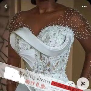 Özel Mermaid düğün elbisesi ince uzun kollu inciler dekore dantel-up gelinlikler - Product Image 3