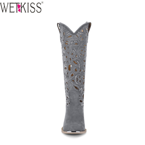 WETKISS 2024 Fashion Mental Toe Cap Cowgirl Cowboy Boots Cowgirl <span class=keywords><strong>Bottes</strong></span> <span class=keywords><strong>mi</strong></span>-<span class=keywords><strong>mollet</strong></span> <span class=keywords><strong>Bottes</strong></span> grises brodées avec diamant - Product Image 3