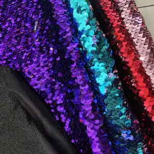 LOW MOQ 100% Polyester Fabric Embroidered Fabric Satin Double side color sequins spangle fabric for wedding dress