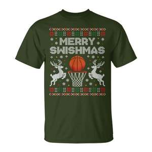 Camiseta Navideña de Baloncesto Merry Swishmas para Mujer, Estilo Suéter Feo, Regalo Navideño - Product Image 1