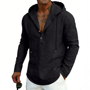 Chemise en coton et lin pour homme, nouvelle collection printemps, à capuche, manches longues, boutonnée, ornée de perles, couleur unie, polyvalente - Product Image 6