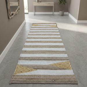 Modern Striped Jute <b>Hallway</b> Runner <b>Rug</b> With Gold Accents Flat Weave Non-Slip Jute Backing For Home Use - Product Image 3
