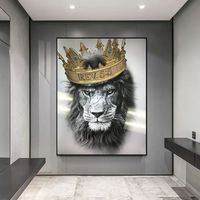 Tableau en cristal moderne Le Roi Lion avec couronne, impression HD de luxe dorée, animal noir et blanc, décoration artistique pour la maison