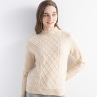 Pull en cachemire pur pour femme, col montant, motif losanges, manches longues, tricoté, chaud, avec ourlet côtelé