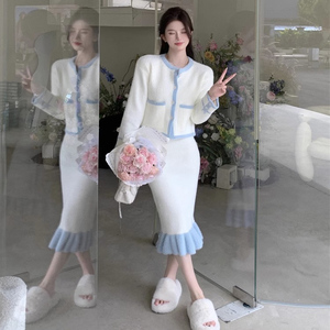 2024 Lente Modieuze Dames Lente Lange Mouw Kabel Gebreid Vest En Lange Rok Trui Twin Set - Product Image 4