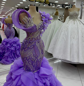 Vestidos de Graduación de Sirena con Cuentas y Pedrería Personalizados, Vestido de Noche Elegante Largo Hasta el Suelo en Color Morado - Product Image 2