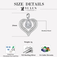 YILUN Pendentif coeur en pierre de CZ dansante en argent sterling 925 plaqué rhodium Ailes d'ange Pendentif coeur d'amour pour les femmes