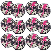 Patch thermocollant personnalisé en stock, motif cœur léopard 'Mama' bleu et rose, à paillettes, petit format, pour sacs et chapeaux DIY