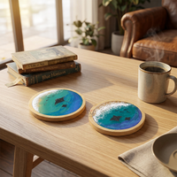 Sous-verre rond en bois avec résine époxy motif vague océanique, anti-rayures, antidérapant, vente en gros, personnalisable, souvenir