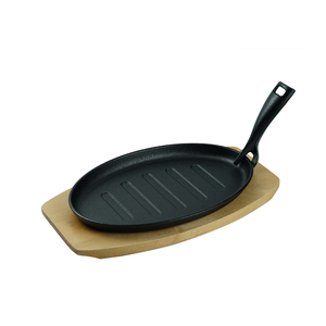 Placa de chisporroteo ovalada de hierro fundido de diseño moderno con base de madera Grill Steak Pan <span class=keywords><strong>Wok</strong></span> Pan - Product Image 5