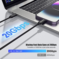 Cable de Datos USB 3.2 Gen2 Tipo-C de 20 Gbps de Alta Velocidad con Trenzado de Nailon para Computadora