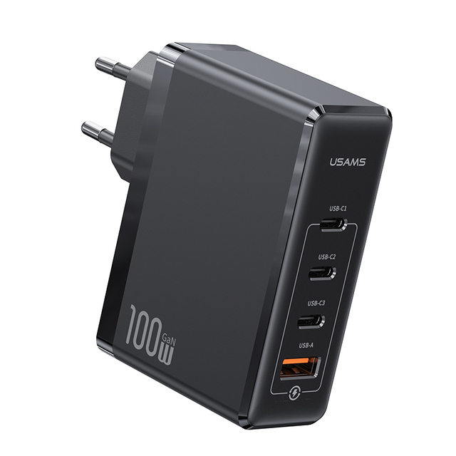USAMS High Power GaN 4 Ports USB C PD 100W USB-A QC3.0 GaN Fast Charging Wall Charger for Laptops Tablets Phones