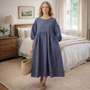 Custom-made Blue <strong>Linen</strong> Women's <strong>Dress</strong> Is Breathable, Loose and Mid-length, Suitable for Daily Casual Wear and <strong>Wedding</strong> Outfits - Product Image 5