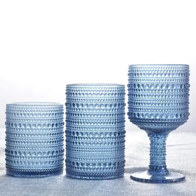 독특한 유리 레드 와인 잔 블루 유리 양각 크리스탈 주스 유리 물 컵 홈 테이블 장식 결혼식