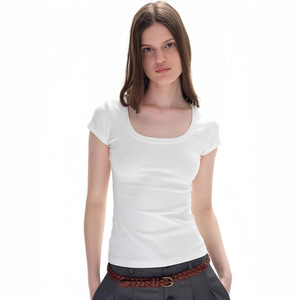 Camisetas ajustadas de cuello redondo para mujer, 91% algodón, 9% spandex, con logo personalizado, elásticas y ajustadas. - Product Image 2