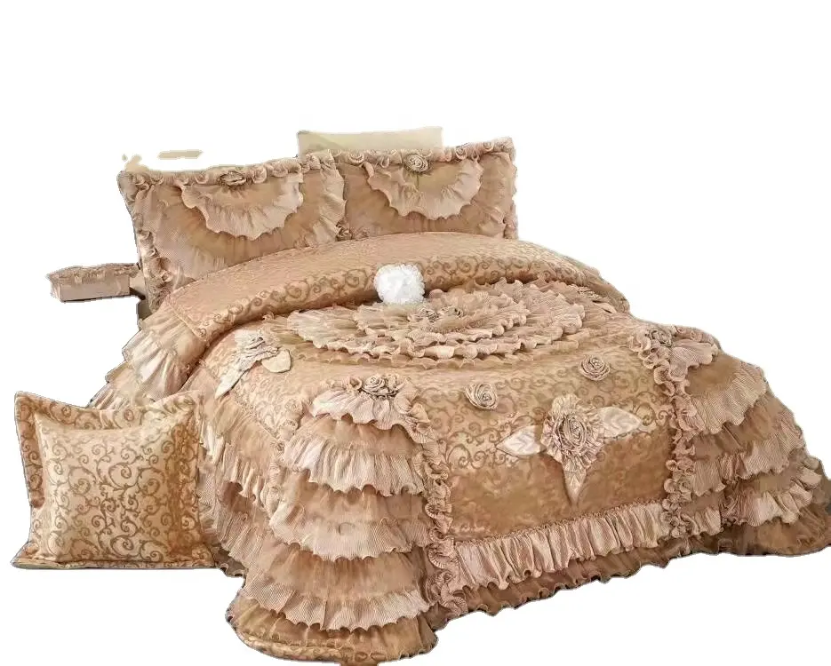 หรูหราสไตล์ยุโรปจัดงานแต่งงานเตียงกระจายชุดเครื่องนอนขนาดคิงไซส์ที่มีลูกไม้