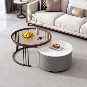Set di Tavolini da <span class=keywords><strong>Caffè</strong></span> e Tè Estensibili Moderni con Piano in Vetro Rotondo, Pannello in Vetro e Grandi Cassetti per Soggiorno - Product Image 2
