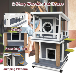 Casa para Gatos al Aire Libre, Caseta para Gatos de 2 Pisos para Gatos Silvestres, Refugio para Gatos de Madera Resistente a la Intemperie con Puerta de Escape - Product Image 3