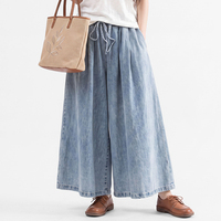 Jean taille haute pour femme grande taille, avec cordon élastique, coupe ample, jambe large, denim délavé clair, style culotte, poches, pour l'été et les tenues décontractées