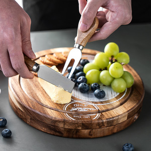 Acacia Wood <b>Cheese</b> Board Round With <b>Knife</b> Fork <b>Set</b> For Hotel Coffee Tea Serving Tray - Product Image 4