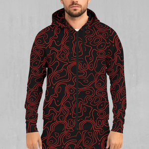 Conjunto de chándal con estampado topográfico rojo personalizado Sudadera con capucha y pantalones con cremallera unisex Traje de dos piezas Ropa de calle de moda - Product Image 1