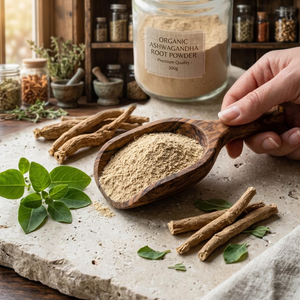 Poudre de racine d'ashwagandha biologique, ingrédient végétal fin de qualité alimentaire, en pot en verre pour compléments alimentaires et applications en boissons - Product Image 3