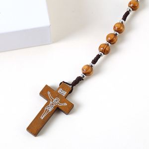 Rosario Católico con Cruz y Crucifijo, Cuentas de Madera Natural de 10mm, Aleación de Zinc Tejida, Joyería Cristiana de Jesús, Venta al Por Mayor - Product Image 4