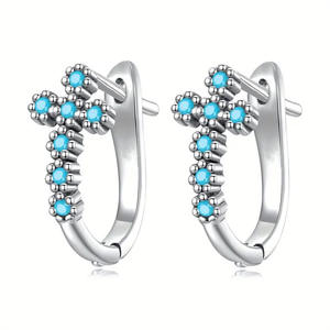 Pendientes de aro con cruz de oro blanco para mujer, joyería de moda de aleación chapada en plata con cristales religiosos y diamantes de imitación - Product Image 1