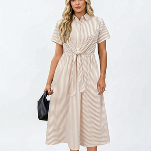Robe midi trapèze personnalisée pour femme, col croisé, taille nouée, manches courtes |   Robe de travail décontractée en tissu Spandex/Polyester - Product Image 1