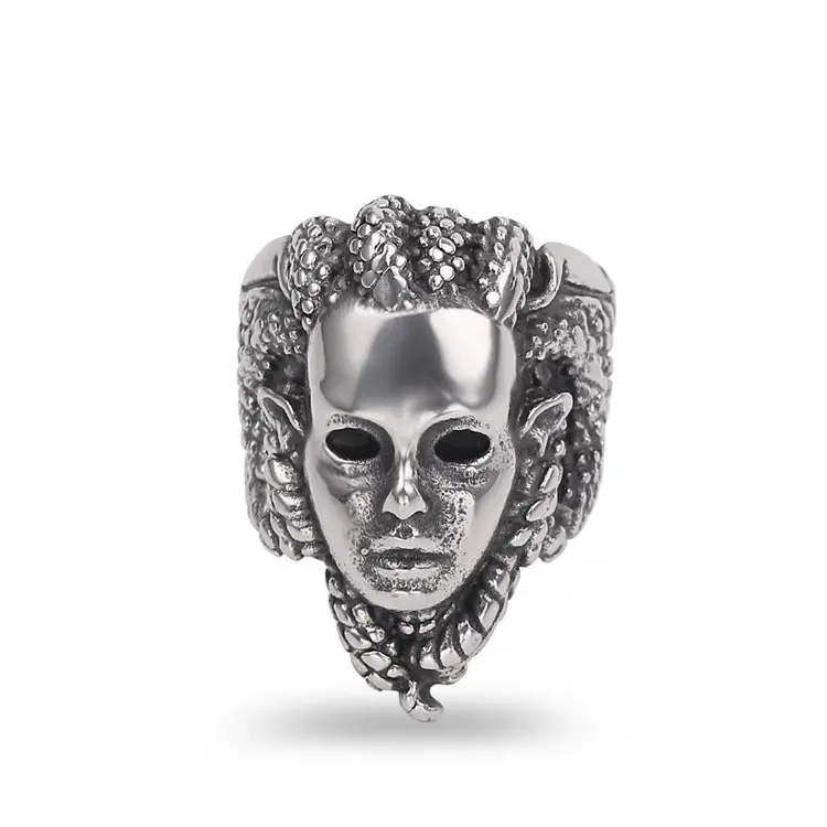 Men's Women Vintage Stainless Steel Ring Greek Mythology Silver Black Gothic Goddess Medusa Snake Haired Band Ring