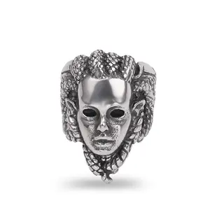 Erkek kadın Vintage paslanmaz çelik yüzük yunan mitolojisinde gümüş siyah gotik tanrıça Medusa yılan saçlı Band yüzük