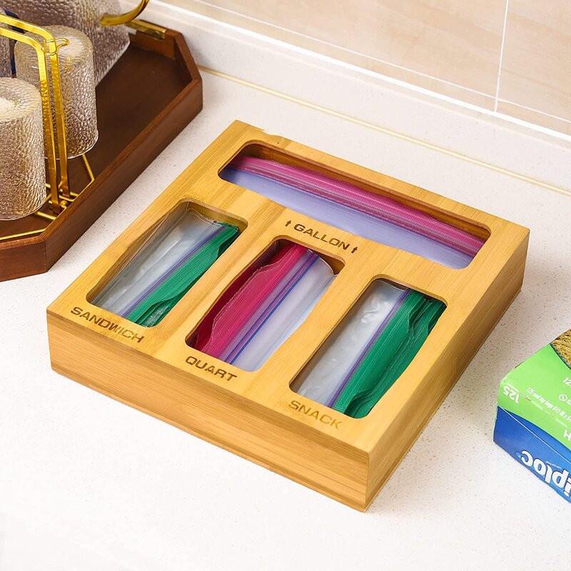 Bamboo ziplock bag storage organizer and dispenser for kitchen drawer