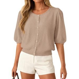 Puff Short Sleeve <b>Cardigan</b> For Women Lightweight Knit Button Up <b>Sweater</b> Top Summer Casual Breathable Spring Clothes - Product Image 1
