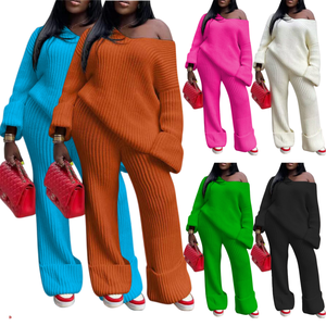 Ensemble de chandails en laine d'hiver TS1285, couleur unie, tricoté, 2 pièces, pantalon large et chandail court ample - Product Image 1